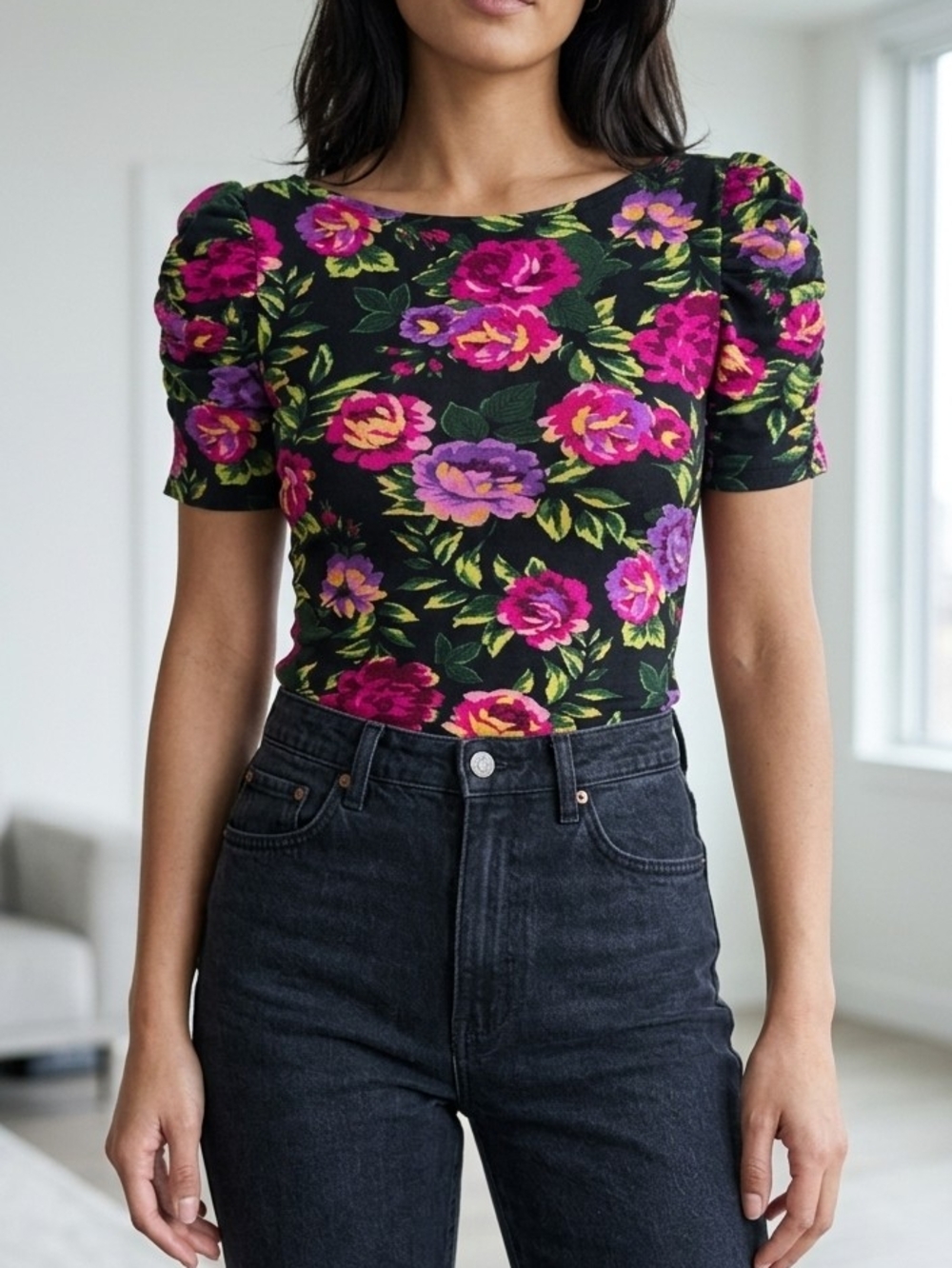 Fleurish Black Puff-Sleeve Top with Pink & Purple Floral Print